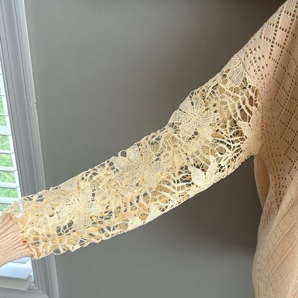 Boho Cream Yellow Fall Crocheted Lace Turtleneck Sweater medium - Picture 6 of 13